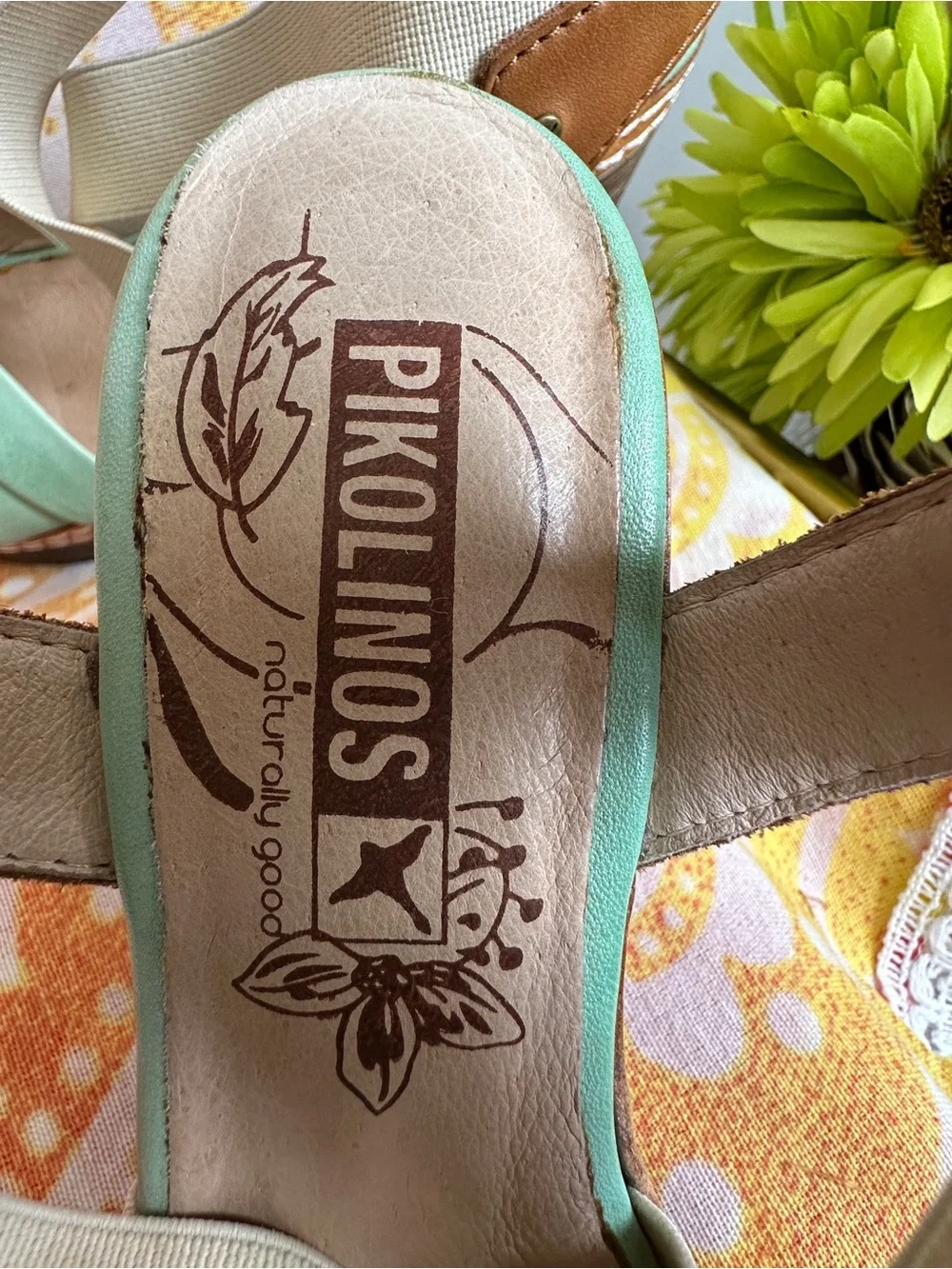 Pikolinos Mint Green Wedge Sandals with Elastic Cross Straps